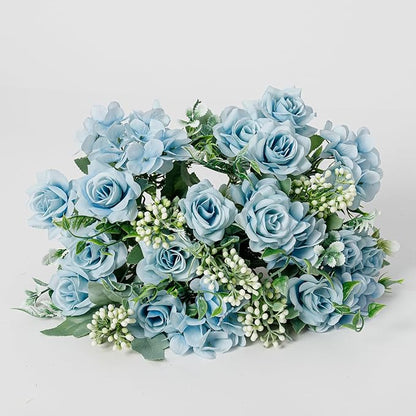 Artificial Flower 5 Branches Artificial Silk Fake Flowers Bouquet Small Roses for Wedding Home Office Tables Decor 2 Packs 4 Packs(Light Blue)