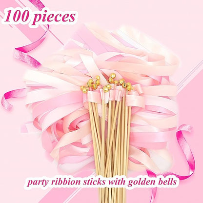 60 Pieces Wedding Colorful Ribbon with Bells, Party Ribbons Streamers Sticks Magic Wish Fairy Wand for Wedding Party Holiday Activities Favors (Pink-100)