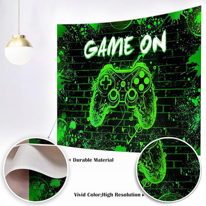 Mocsicka Game On Backdrop Video Game for Boys Level Up Birthday Party Decoration Game Night Arcade Neon Glow Gamer Banner Photography Background (Green, 6x4ft(72"x48"))