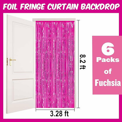 6 Pack Fuchsia Foil Fringe Curtains Backdrop, 3.28 x 8.2 Ft Metallic Streamers Tinsel Curtains Background for Photo Booth, Birthday, Weddings, Carnivals, Graduation, Themed Party Decorations