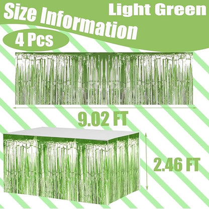 4 Pack 29x108 Inch Metallic Foil Fringe Tinsel Table Skirts for Rectangle Tables Streamer Backdrop for Wedding, Birthday, Parade Floats, Christmas, Halloween Party Decoration(Light Green)