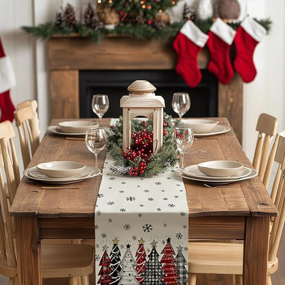 GEEORY Christmas Table Runner 13x36 Inch, Xmas Tees Snowflakes Holiday Decorative Farmhouse Table Decoration for Kitchen Dinning, Indoor Outdoor Dinner Party Decor (Red & Black) GT165-36