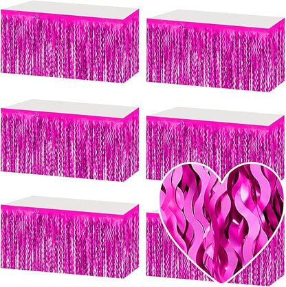 6 Pack 29x108 Inch Rose Red Wave Foil Fringe Table Skirts Metallic Banner for Tinsel Streamer Garland Backdrop for Parade Floats Wedding, Mother's Day, Birthday Mardi Gras Party Decorations