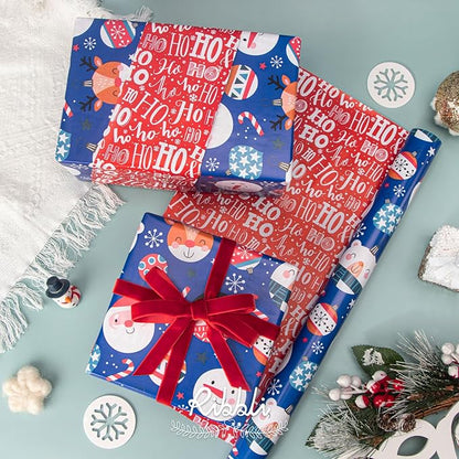 Ribbli Blue Christmas Wrapping Paper Reversible Cute Christmas elements Gift Wrapping Paper Rolls for Kids Holiday Presents Decoration-17 Inch x 33 Feet