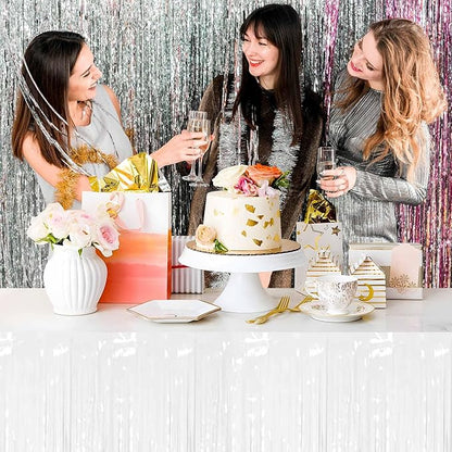 3 Pack 29 x108 Inch Macaron White Foil Fringe Table Skirts Metallic Banner for Tinsel Streamer Garland Backdrop for Parade Floats Mother's Day, Graduate, Birthday, Wedding Party Decoration