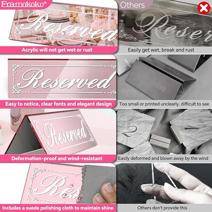 12 Pcs Mirrored Rose Gold Reserved Table Signs, 6" x 2" Double-Sided Letters, Acrylic Reserved Table Tent Signs with Suede Cloth for Wedding Restaurant Ceremony Banquet Parties
