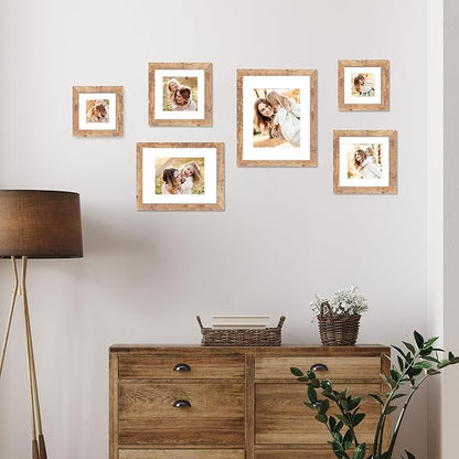 6x6 Picture Frame Set of 4 with Real Glass, Rustic Brown Frames Display 4x4 Picture with Mat or 6 x 6 Without Mat, Square Wood Photo Frame for Wall Mount and Tabletop Display