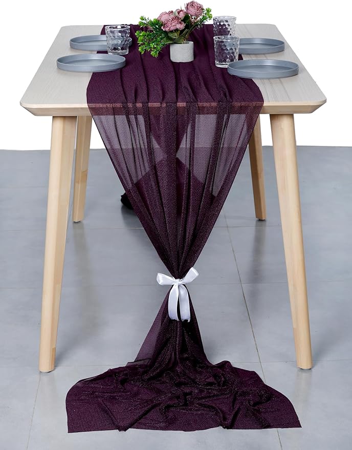 MDS Halloween Chiffon Table Runner - 15 Pack, 29 x 170 Inches, 14ft Each - Sheer Spooky Table Runners for Haunted House Parties, Trick-or-Treat Tables, Witchy Décor, Wedding & Events - Eggplant