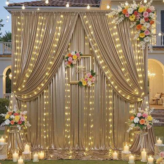 20x10 ft Champagne Sequin Backdrop Curtain with Lights for Parties, Wrinkle Free Glitter Photo Backdrop Drapes Shimmer Back Drop Cloth with Light Strings for Wedding Birthday Photography Background
