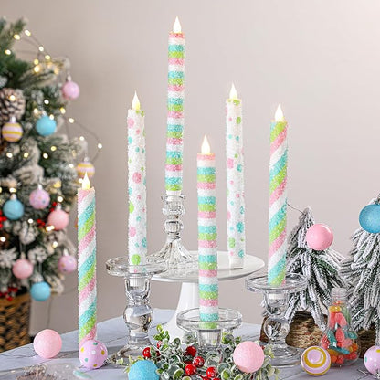Baquler 6 Pcs Candy Theme Flameless Taper Candles 10.6 Inch Colorful Candy Strip and Polka Dots Candles Battery Operated LED Christmas Candlesticks for Xmas Centerpiece Holiday Party Home Decor