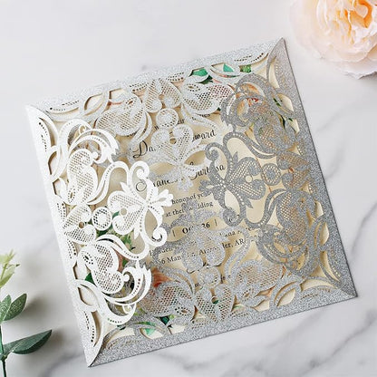 Hosmsua 50PCS Personalized Silver Glitter Laser Cut Wedding Invitation Cards With Envelopes 6.3 x 6.3 Inch Hollow Lace Rose Pocket and for Quinceanera Wedding Invite (Silver Glitter)