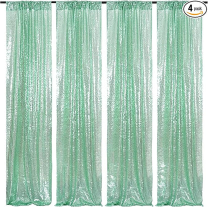 Poise3EHome Mint Green Sequin Backdrop Curtain,4 Panels 2FTx8FT Glitter Background for Party Birthday Party Baby Shower Wedding Christmas Thanksgiving Halloween Holiday Festival Decor