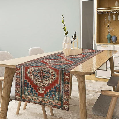 Boho Floral Vintage Table Runner, Red Blue Retro Flower Rustic Country Farmhouse Pattern for Home Kitchen Table Decor Dining Coffee Room Party Decor 13x90in
