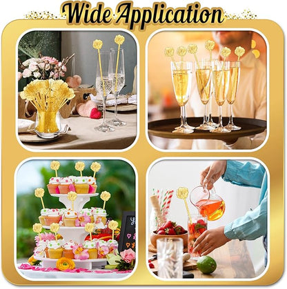 100 Pcs Gold Glitter Drink Stirrers Cocktails Plastic Swizzle Sticks 7.5 Inch Cupcake Pop Sticks Toppers Rose Top Wedding Drink Stirrers for Mixed Drinks Coffee Birthday Wedding Party