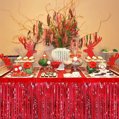 3 Pack 29 x108 Inch Red Foil Fringe Table Skirts Metallic Banner for Tinsel Streamer Garland Backdrop for Parade Floats Wedding Thanksgiving Birthday Christmas Halloween New Year Party Decoration