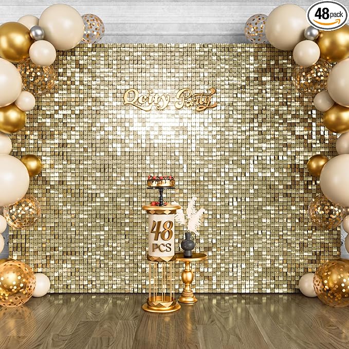 Qcity Light Gold Shimmer Wall Backdrop 48PCS, Black Back Not See-Through Design, Square Sequin Glitter Backdrop Panel, Perfect for Outdoor Events, Birthdays, Wedding and Party Decoration