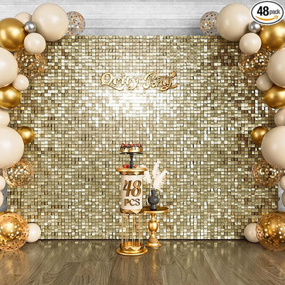 Qcity Light Gold Shimmer Wall Backdrop 48PCS, Black Back Not See-Through Design, Square Sequin Glitter Backdrop Panel, Perfect for Outdoor Events, Birthdays, Wedding and Party Decoration