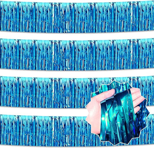 4 Pack 10 Ft Lake Blue Foil Fringe Garland Metallic Streamers Tinsel Banner Wall Hanging Garland Backdrop for Parade Floats, Halloween, Christmas, Thanksgiving, New Year Party Decorations