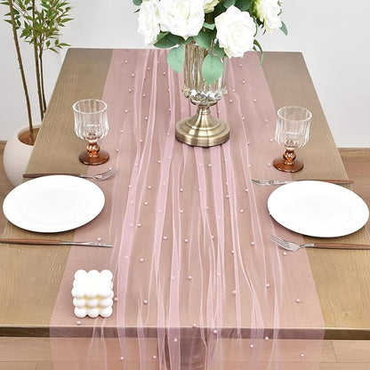 Joanlody Fall Pearl Table Runner 10ft Rustic Boho Tulle Table Runner with Pearls for Baby Shower Wedding Party Veil Dessert Thanksgiving Table Decor Dusty Rose 4pcs