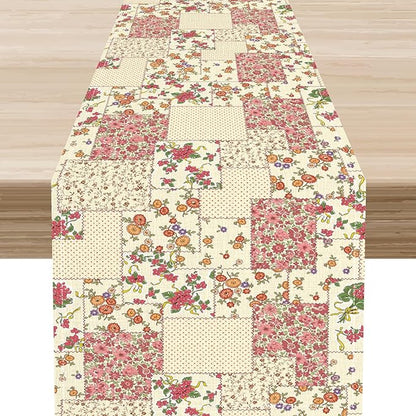 Patchwork Table Runner, Boho Vintage Pink Wildflowers Bohemian Paisley Flower Farmhouse Table Center Decor for Home Kitchen Dining Patio Holiday Party Indoor Outdoor Table Decorations, 13"x90" Inch