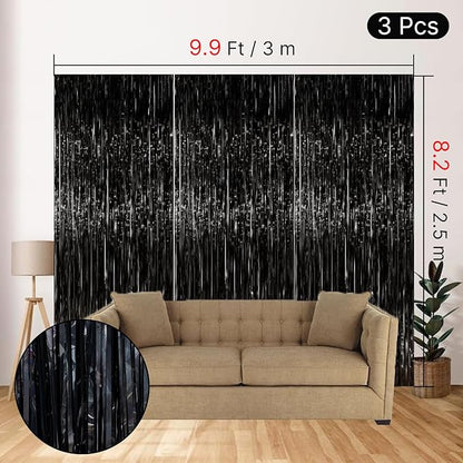 PartyWoo Black Streamers Tinsel Backdrop Curtain 3pcs 8.2ft Foil Fringe Curtain for Black History Month Juneteenth Gothic Wedding Retirement Halloween Cow Print Theme Party Celebration Decorations