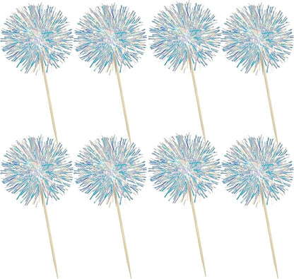Ephlyn 30Pcs Foil Firework Cupcake Toppers Sparkle Tinsel Cupcake Picks Drink Stirrers Cocktail Food Fruit Toothpicks for Baby Shower Graduation Party Supplies White