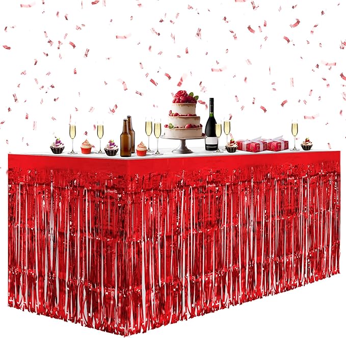 2 Pack Red Table Skirts, 29x108" Metallic Foil Tinsel Fringe Table Skirts for Rectangle Tables Streamer Curtains Backdrop, Party Decorations for Birthdays Weddings Holidays