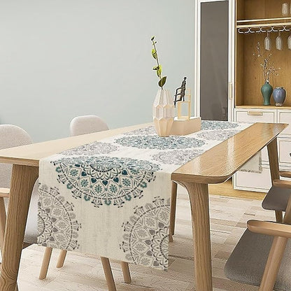 Boho Flower Table Runner, Bohemian Turquoise Mandala White Teal Floral Kitchen Dining Table Runners for Indoor Outdoor Home Party Holiday Decor, 13x108inch