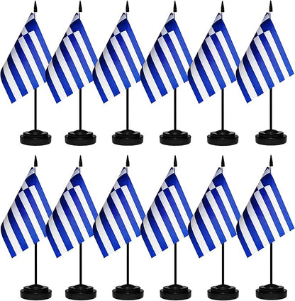12 Pack Greece Desk Flags Set, Greek Small Mini Table Office Flags with 12" Solid Black Pole, 8.2 x 5.5 Inches, Home and Office Decoration, Festival Celebrations