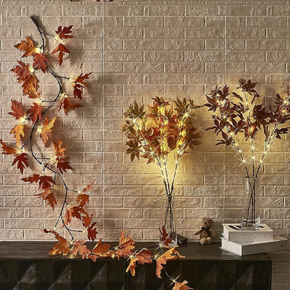 Hairui Lighted Maple Leaf Garland with Timer 6FT 24 Warm White LED, Fall Garland with Lights Battery Operated for Thanksgiving Harvest Christmas Wedding Decoration Indoor Outdoor