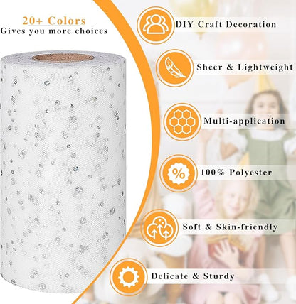 Glitter Tulle Rolls, 6” by 50 Yards (150FT) Sequin Tule Netting Fabric Tulle for Tutu Skirts Sewing Birthday Wedding Party Decoration (White)