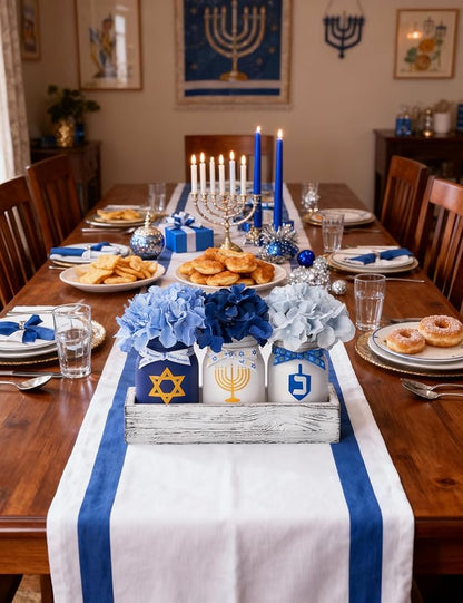 Hanukkah Decorations for Home, Chanukah Table Decor with Mason Jars, Hydrangea, Wood Tray, Hanukkah Gifts Table Centerpieces, 25 Pcs Chanukah Decorations Indoor for Living Room Bedroom