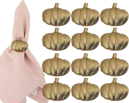 Set of 12 Pumpkin Napkin Rings | Premium Metal Fall Harvest Table Decor | Thanksgiving Dinnerware Holders, Autumn & Halloween Table Setting Accessories (Gold) - ALPHA Living HOME
