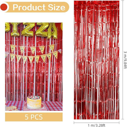 5 Pack Red Foil Curtain Backdrop 3.2ft x 9.8ft Metallic Tinsel Foil Fringe Curtains Streamer Photo Booth Backdrop for Birthday Party Engagement Bachelorette Party Decorations (Red)