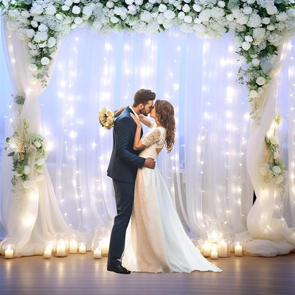 White Backdrop Curtains with Lights String for Wedding Parties 10×10ft Sheer Tulle Backdrop Curtain for Bridal Shower Baby Shower Birthday Party Photo Shoot Background Decorations(2 Panels 10ft×10ft)