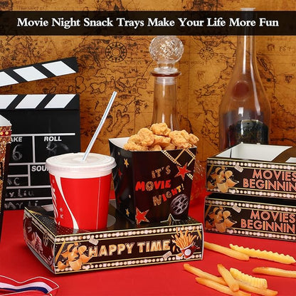 Faccito 36 Pcs Movie Night Snack Trays Movie Theater Snack Boxes Night Supply Disposable Paper Holder Tray for Popcorn Food Candy Drink Party 8 x 6 Inch(Black Gold,Cute Style)