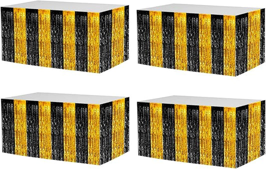 4 Pack 29x108 Inch Metallic Foil Fringe Tinsel Table Skirts for Rectangle Tables Streamer Backdrop for Wedding, Birthday, Parade Floats, Christmas, Halloween Party Decoration(Black Gold)