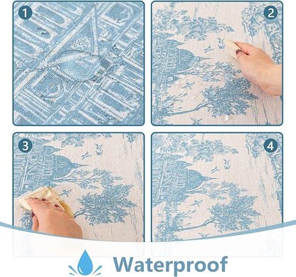 MYSKY HOME Linen Vintage Rectangle Tablecloth 60x102 Inches, Blue Castle Print Table Cloth for Dining Table I Tabletop I Parties/Outdoor I Spring/Summer Waterproof Fabric Farmhouse Tablecloth