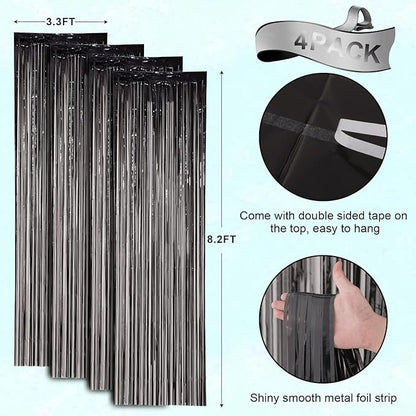 4 Pack Black Foil Fringe Backdrop Curtains, Tinsel Streamers Birthday Party Decorations, Fringe Backdrop for Graduation, Baby Shower, Gender Reveal, Disco Party