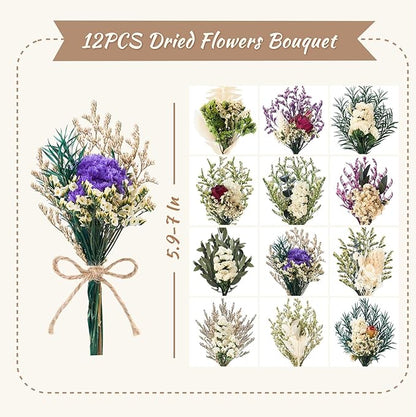 12/24 PCS Charming Dried Flowers Bouquet for Vase Various Dried Wildflowers with Stems Mini Handmade Wildflowers Natural Real Flowers Bulk Flowers Craft (White Series, 12 PCS)