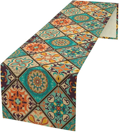 Bohemian Patchwork Table Runnerboho Colorful Tile Patchwork Indian Floral Print Table Runner for Home Kitchen Indoor Outdoor Party Wedding Decor, 13x70inch