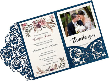 DORIS HOME 50pcs Laser Cut Wedding Invitations with Envelopes Blue, 4.7x7.1 Personalized Invitation Cards for Wedding, Anniversary Invitations with Envelopes