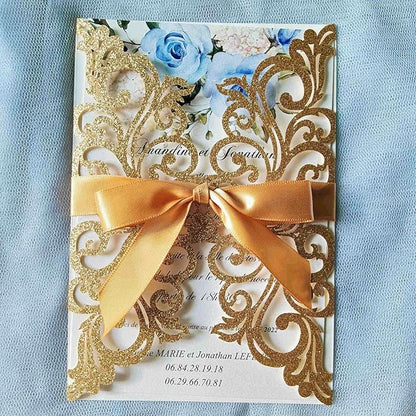 25PCS Gold Glitter Laser Cut Wedding Invitations Cards with Envelopes,Blank Inner Sheets,Ribbons for Wedding Bridal Shower Quinceañera Engagement Birthday Invites