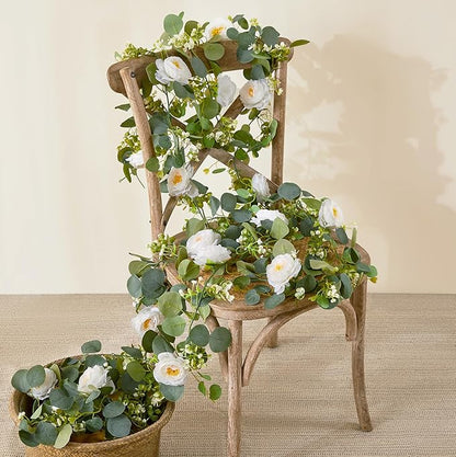 2 Pack 12Ft Artificial Eucalyptus Flower Garland with White Roses, Fake Flowers Greenery Garland Flower Vines for Wedding Party Mantle Table Runner Spring Summer Home Decor (2PCS,White