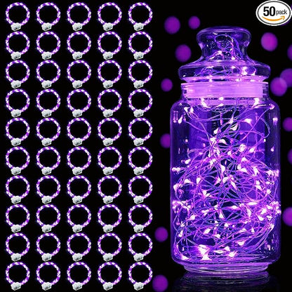 Aogist 50 Pack Fairy Lights 3 Modes 7ft 20 LED Waterproof,Battery Operated Silver Wire Firefly Starry Moon Mini String Lights for Mason Jars Christmas DIY Crafts Wedding Party Bedroom,Purple