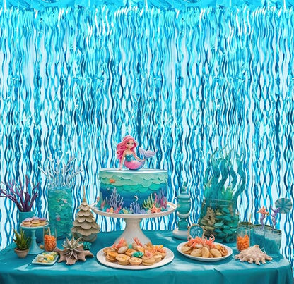 Goer Metallic Tinsel Foil Fringe Curtains for Party Photo Backdrop Wedding Decor (4 Pcs,Wavy Light Blue), One Size
