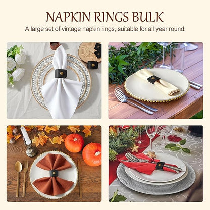 APTWOW Leather Napkin Rings Set of 12 - Fall Thanksgiving Napkin Holder, Black Halloween Vintage Farmhouse Napkin Rings Bulk for Wedding Party Birthday Banquet Table Decor and Daily Use