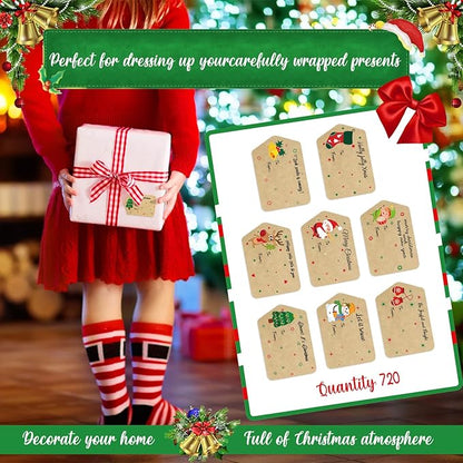 Zonon 720 Pieces Self Adhesive Christmas Gift Tag Xmas Kraft Name Tags Natural Kraft Xmas Stickers Paper Tags Labels for Christmas Decoration(Classic Style)