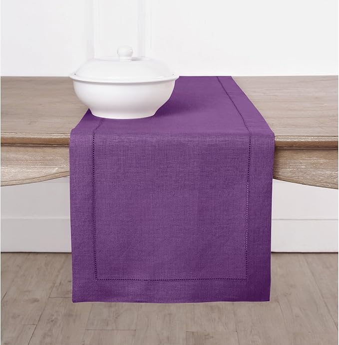 Solino Home Linen Purple Table Runner 108 Inches Long - 100% Pure Linen Hemstitch 14 x 108 Inch Table Runner for Dining, Fall, Autumn, Halloween, Thanksgiving, Holiday - Classic Hemstitch