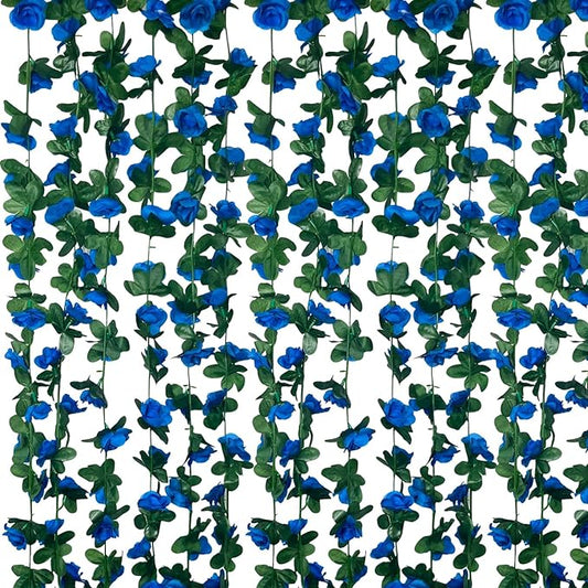 16Pcs 126Ft Royal Blue Rose Garland, Fake Rose Hanging Flowers, Artificial Flower Vine, Hanging Floral Vine Garland for Wedding, Birthday Party, Wall Arch, Halloween, Christmas Garden Backdrop Decor